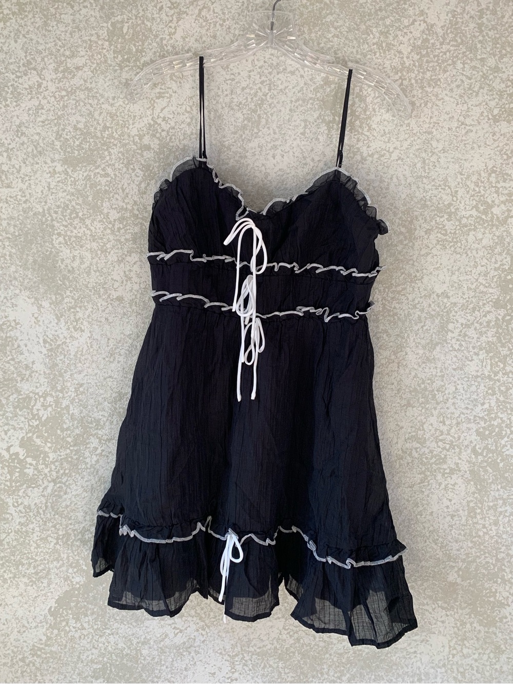 The Vintage Shop Black Ruffle Tie-Front Mini Dress with White Trim